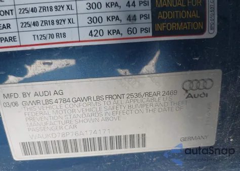 2006 Audi A3 3.2 S Line z USA, uszkodzony, nr VIN WAUKD78P76A174171